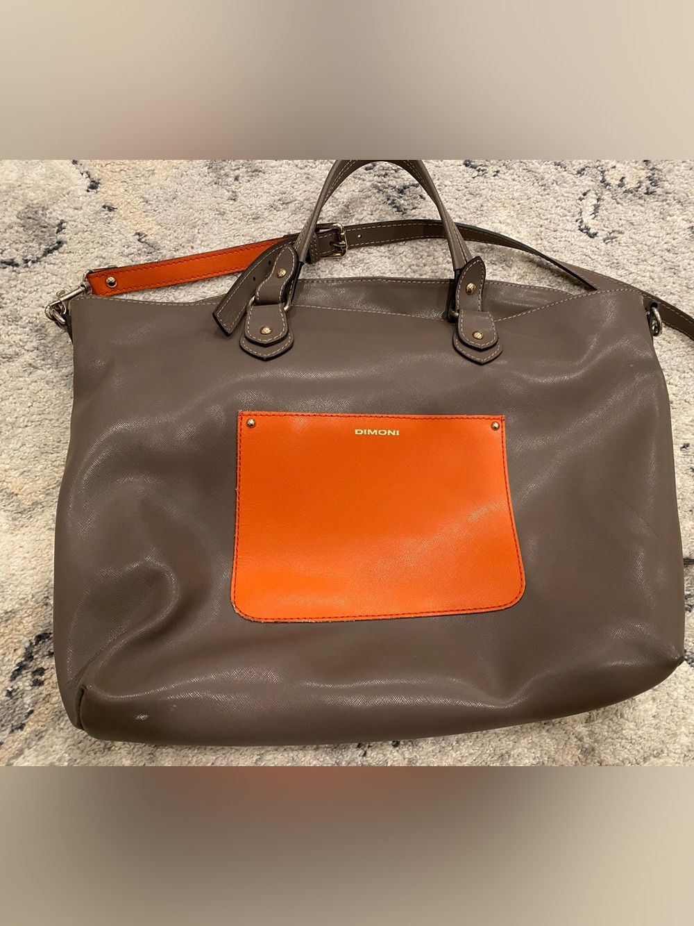 Dimoni Taupe and Orange Leather Tote Bag